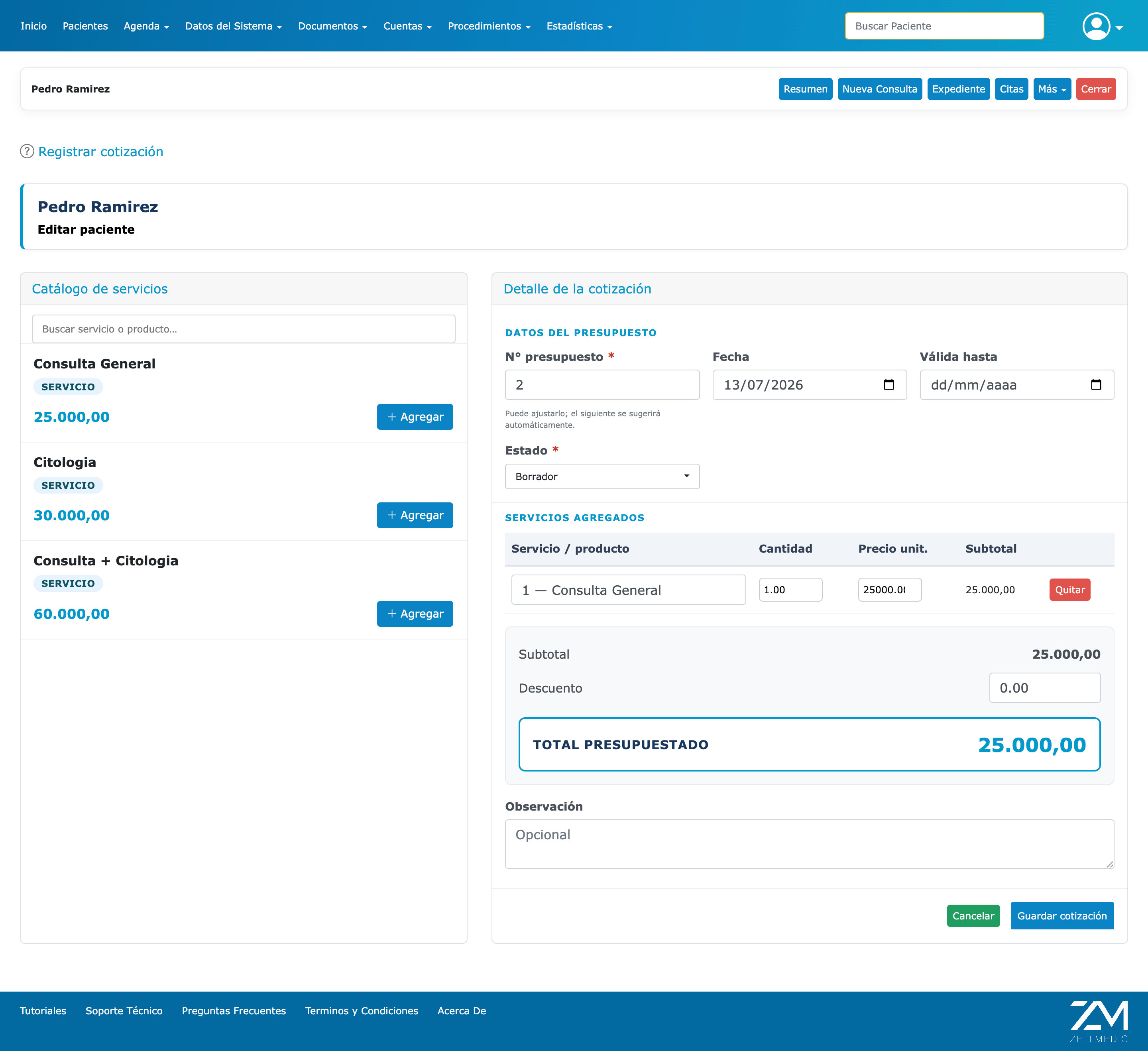 Captura de Zeli Medic: Cotizaciones y planes de tratamiento