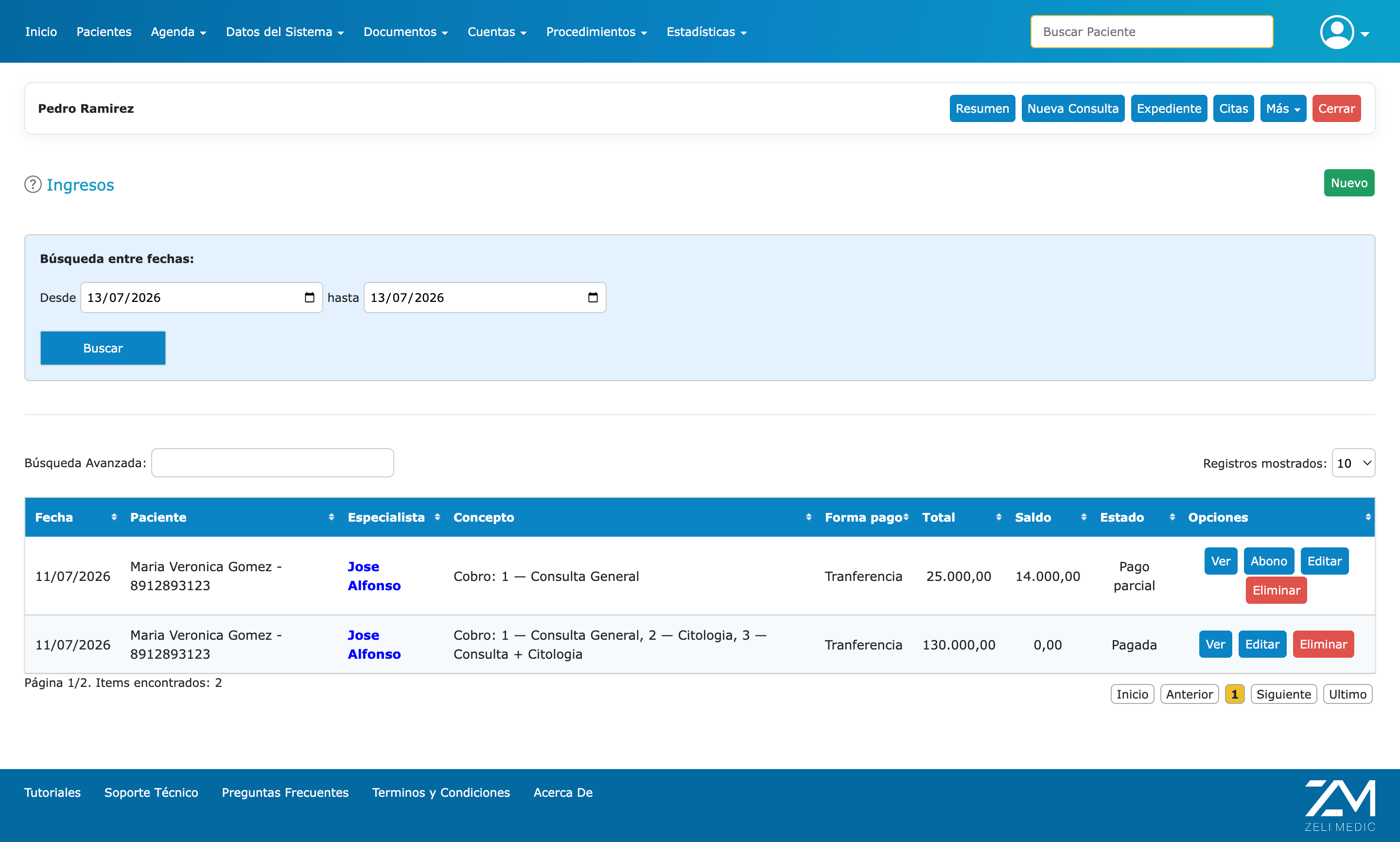 Captura de Zeli Medic: Control de ingresos del consultorio