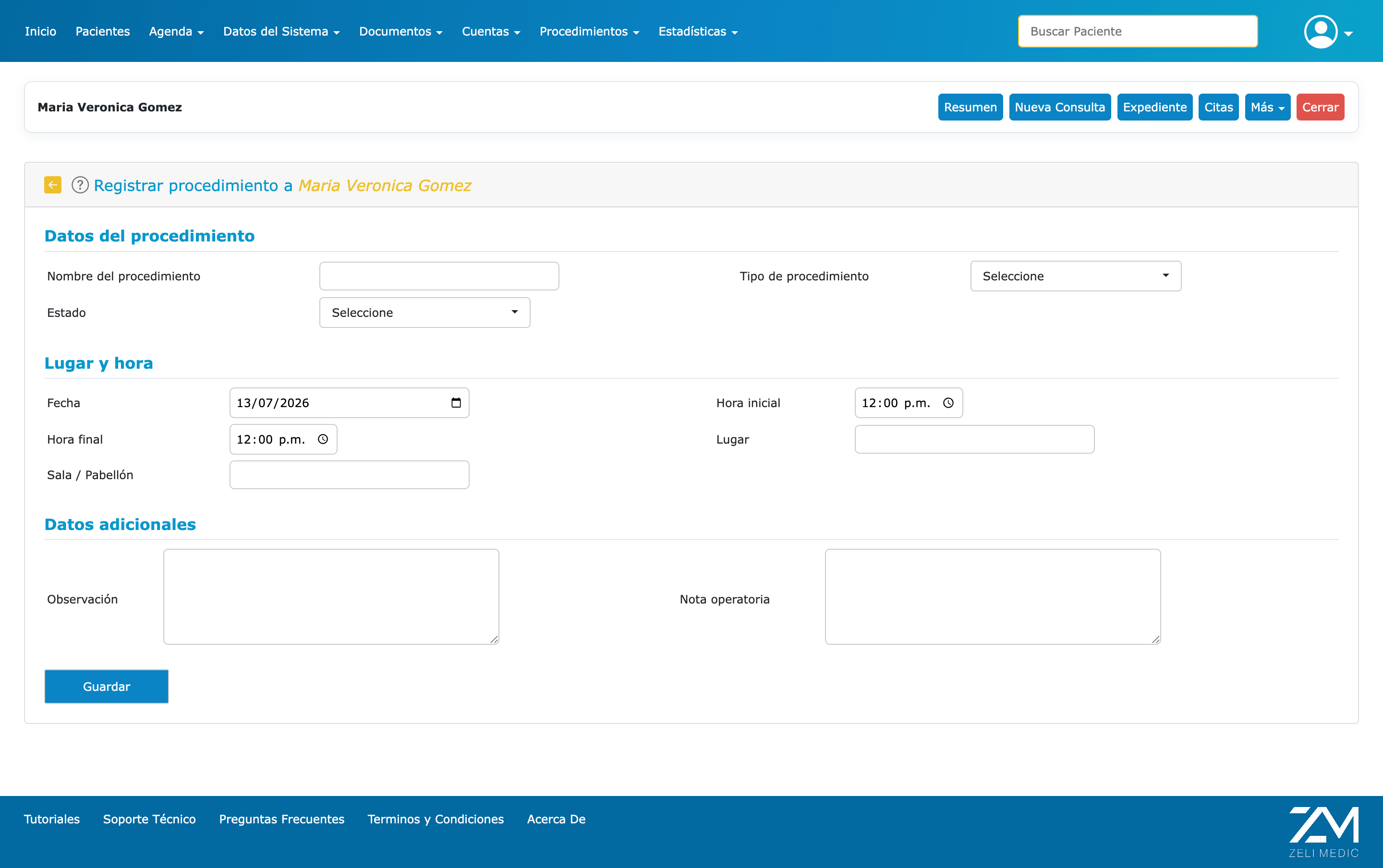 Captura de Zeli Medic: Registro de procedimientos y evolución